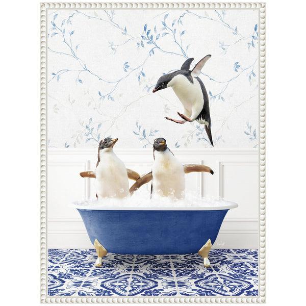 Kate & Laurel Sylvie Penguins In Eclectic Blue Bath Framed Canvas By Amy Peterson