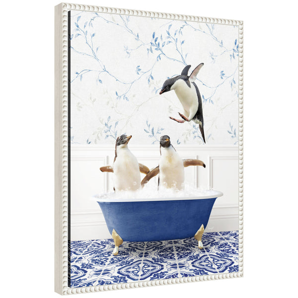 kate & laurel Sylvie Penguins in Eclectic Blue Bath Framed Canvas by Amy Peterson