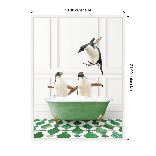 Kate & Laurel Sylvie Penguins In Eclectic Green Panel Wall Bathtub Framed Canvas By Amy Peterson