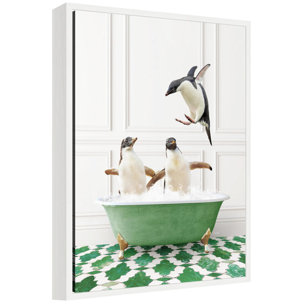 kate & laurel Sylvie Penguins in Eclectic Green Panel Wall Bathtub Framed Canvas by Amy Peterson