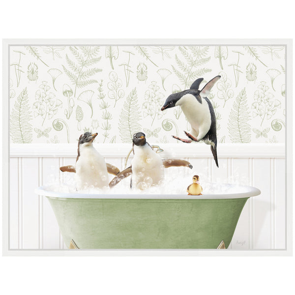 Kate & Laurel Sylvie Penguins In Fern Bath Framed Canvas By Amy Peterson