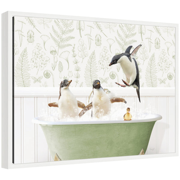 kate & laurel Sylvie Penguins in Fern Bath Framed Canvas by Amy Peterson