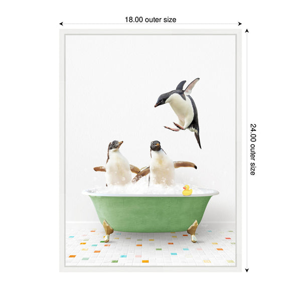 Kate & Laurel Sylvie Penguins In Green Bathtub On Colored Tile Framed Canvas By Amy Peterson