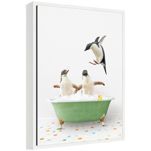 kate & laurel Sylvie Penguins in Green Bathtub on Colored Tile Framed Canvas by Amy Peterson