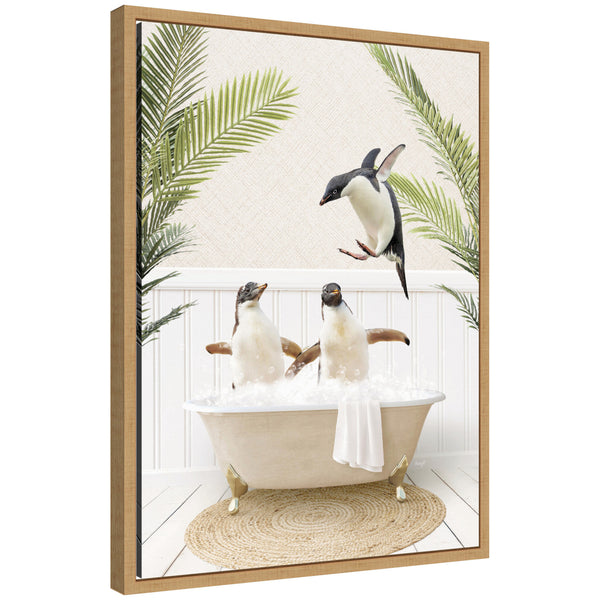kate & laurel Sylvie Penguins in Palm Bathtub Framed Canvas by Amy Peterson