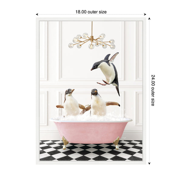 Kate & Laurel Sylvie Penguins In Pink Bathtub On Checker Floor Framed Canvas By Amy Peterson