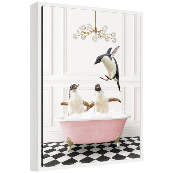 kate & laurel Sylvie Penguins in Pink Bathtub on Checker Floor Framed Canvas by Amy Peterson