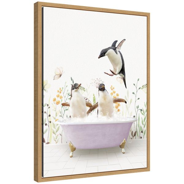 kate & laurel Sylvie Penguins in Spring Bathtub Framed Canvas by Amy Peterson