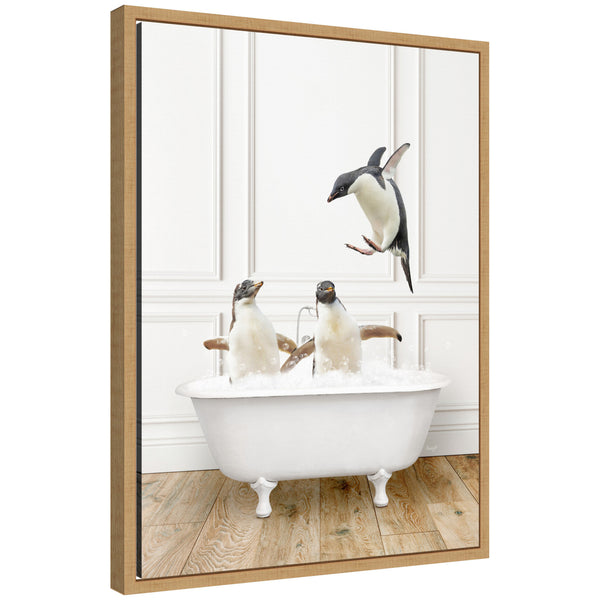 kate & laurel Sylvie Penguins in Traditional Vintage Bathtub Framed Canvas by Amy Peterson