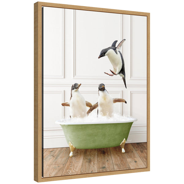 kate & laurel Sylvie Penguins in Transitional Bathtub Framed Canvas by Amy Peterson