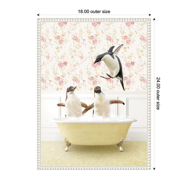Kate & Laurel Sylvie Penguins In Vintage Yellow Bath Framed Canvas By Amy Peterson