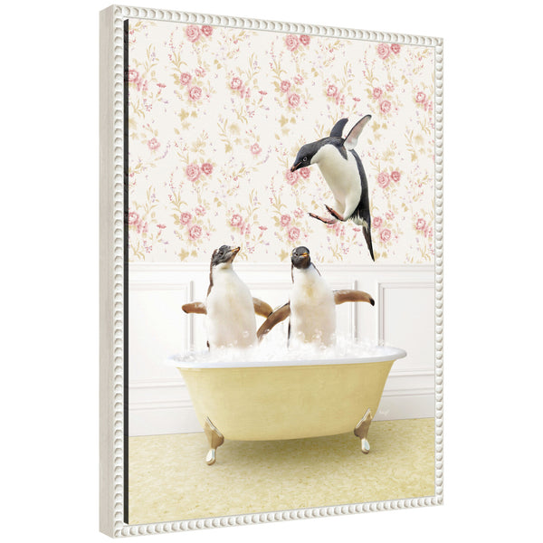 kate & laurel Sylvie Penguins in Vintage Yellow Bath Framed Canvas by Amy Peterson