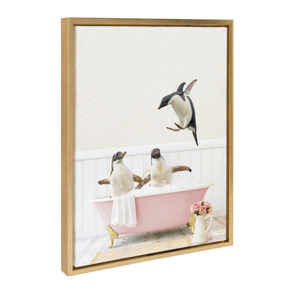 Kate & Laurel Sylvie Penguins Playing In Cottage Rose Bath Framed Canvas By Amy Peterson Art Studio