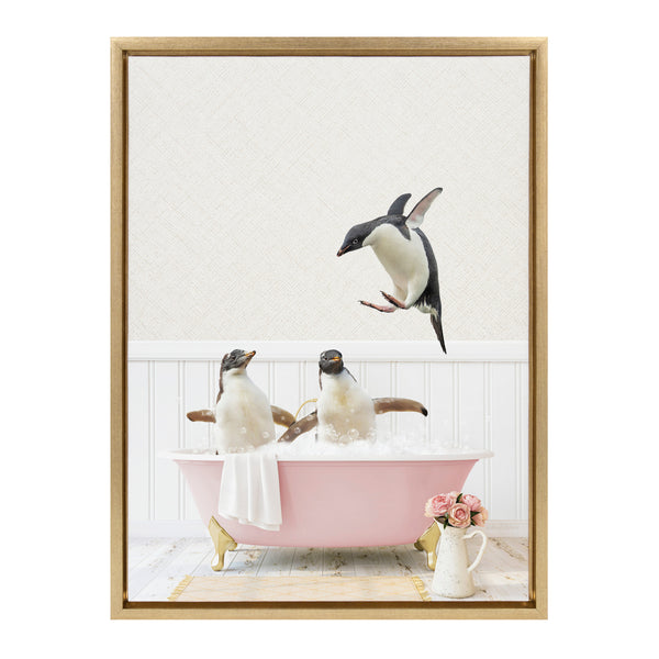 Kate & Laurel Sylvie Penguins Playing In Cottage Rose Bath Framed Canvas By Amy Peterson Art Studio