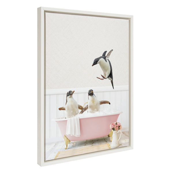 kate & laurel Sylvie Penguins Playing in Cottage Rose Bath Framed Canvas by Amy Peterson Art Studio