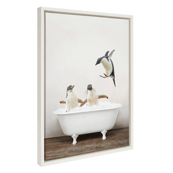 Kate & Laurel Sylvie Penguins Playing In Rustic Bath Framed Canvas By Amy Peterson Art Studio