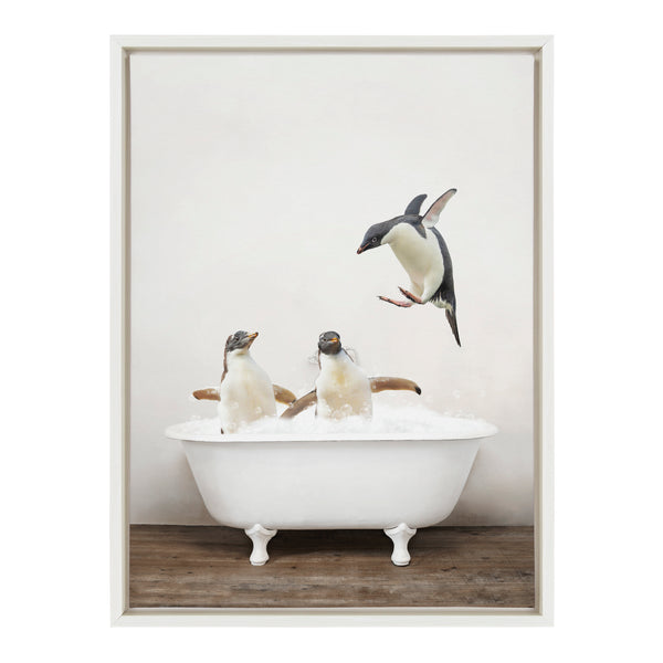 Kate & Laurel Sylvie Penguins Playing In Rustic Bath Framed Canvas By Amy Peterson Art Studio