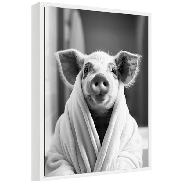 kate & laurel Sylvie Pig Bathroom Art Towel Robe Black and White Framed Canvas by The Creative Bunch Studio