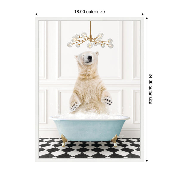 Kate & Laurel Sylvie Polar Bear In Blue Bathtub On Checker Floor Framed Canvas By Amy Peterson