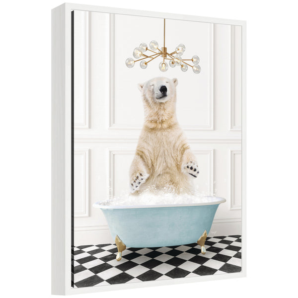 kate & laurel Sylvie Polar Bear in Blue Bathtub on Checker Floor Framed Canvas by Amy Peterson