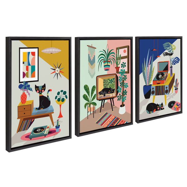kate & laurel Sylvie Record Player TV Cat Bed and Chill Out Saturday Framed Canvas Art Set by Rachel Lee of My Dream Wall