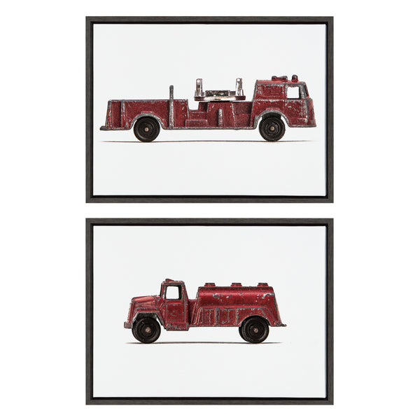 Kate & Laurel Sylvie Red Vintage Toy Fire Engine And Red Vintage Toy Water Truck Framed Canvas Art Set By Saint And Sailor Studios