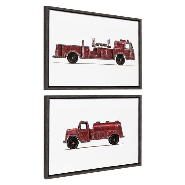 Kate & Laurel Sylvie Red Vintage Toy Fire Engine And Red Vintage Toy Water Truck Framed Canvas Art Set By Saint And Sailor Studios