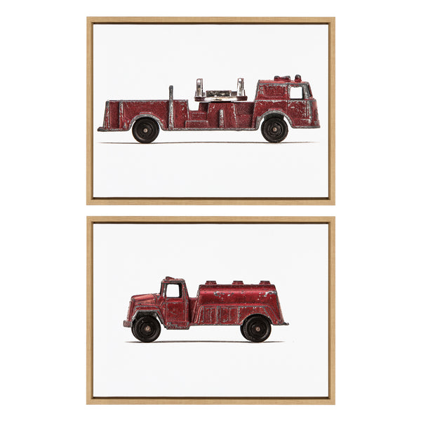 kate & laurel Sylvie Red Vintage Toy Fire Engine and Red Vintage Toy Water Truck Framed Canvas Art Set by Saint and Sailor Studios