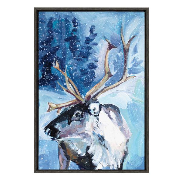 Kate & Laurel Sylvie Reindeer In Snow Framed Canvas By Rachel Christopoulos