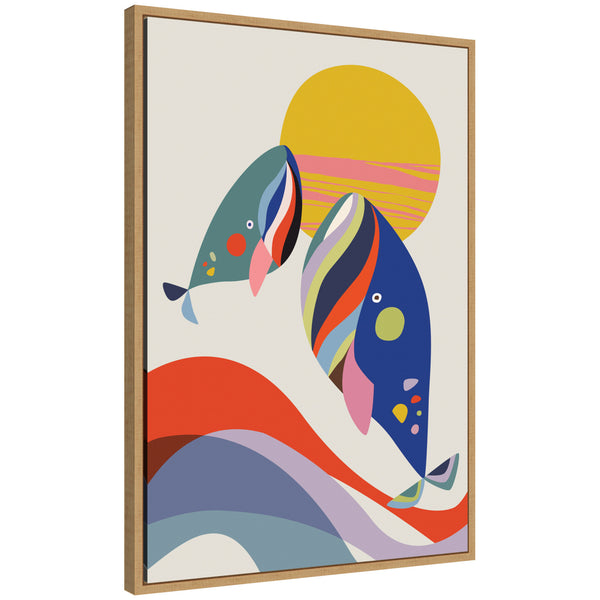 kate & laurel Sylvie Retro Coastal Mom and Baby Whales Framed Canvas by Rachel Lee