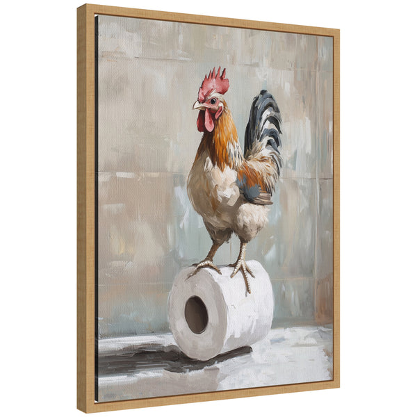 Kate & Laurel Sylvie Rooster Standing With Toilet Paper Rolls Bathroom Art Framed Canvas By The Creative Bunch Studio