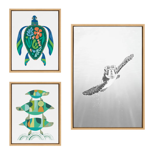 kate & laurel Sylvie Sea Turtle Turtle Family and MCM Sea Turtle Framed Canvas Art Set by Various Artists