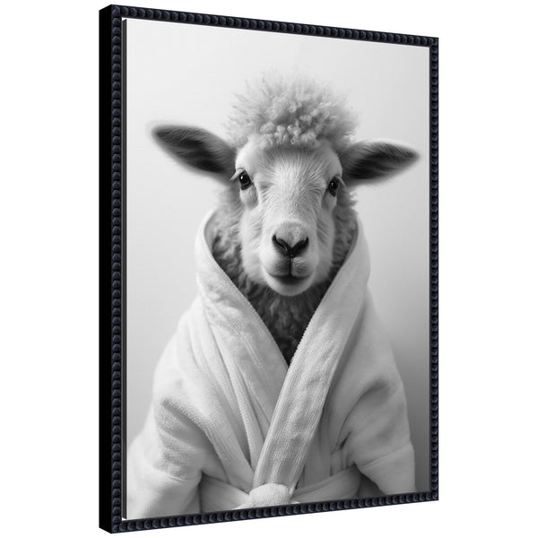 kate & laurel Sylvie Sheep Bathroom Art Towel Robe Black and White Framed Canvas by The Creative Bunch Studio