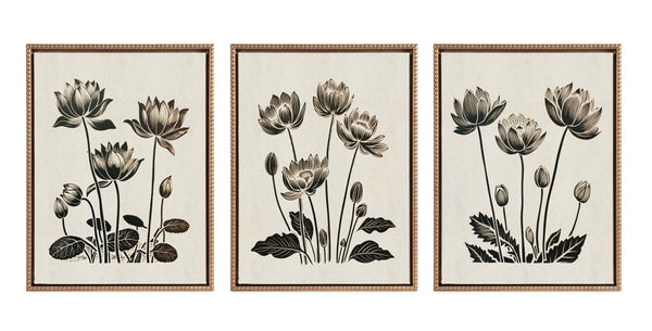kate & laurel Sylvie Simple Modern Linocut Neutral Lotus Flowers Framed Canvas Art Set by The Creative Bunch Studio