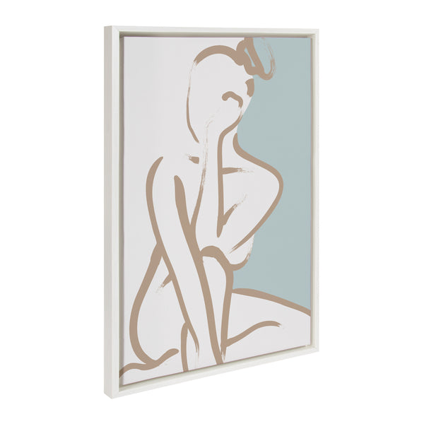 kate & laurel Sylvie Simple Romantic Line Art Drawing 1 Tan and Teal Framed Canvas by The Creative Bunch Studio