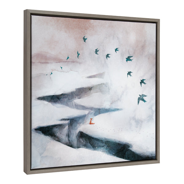 Kate & Laurel Sylvie Snow Day Fox And Birds Framed Canvas By Faryn Hughes
