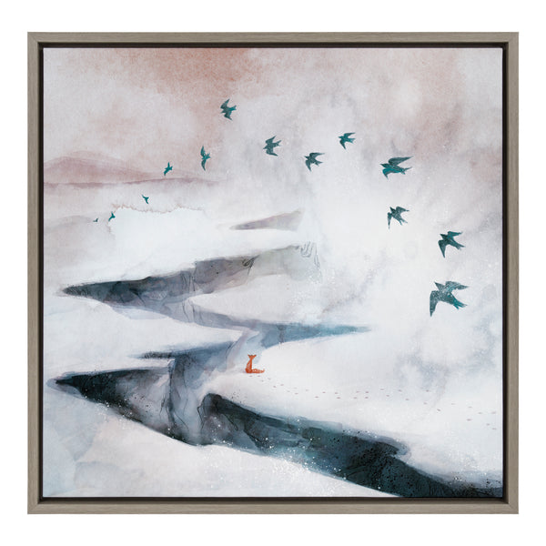 Kate & Laurel Sylvie Snow Day Fox And Birds Framed Canvas By Faryn Hughes