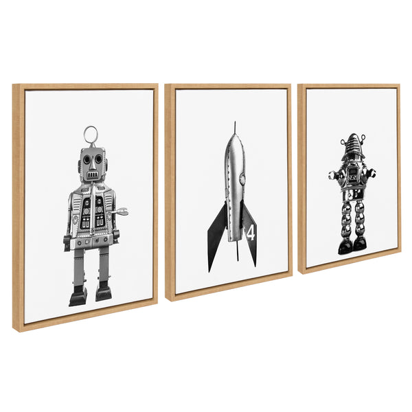 kate & laurel Sylvie Sparky Space Robot No 4 Rocket and Robbey Robot Black and White Set Framed Canvas Art Set by Saint and Sailor Studios