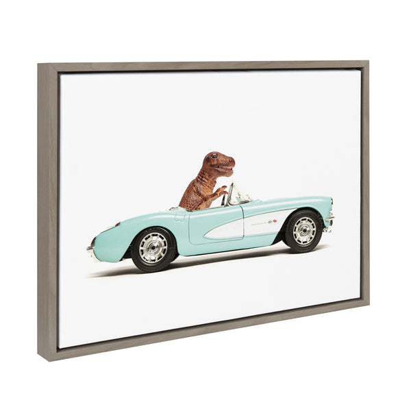 Kate & Laurel Sylvie T Rex Driving 1957 Aqua Chevy Framed Canvas By Saint And Sailor Studios