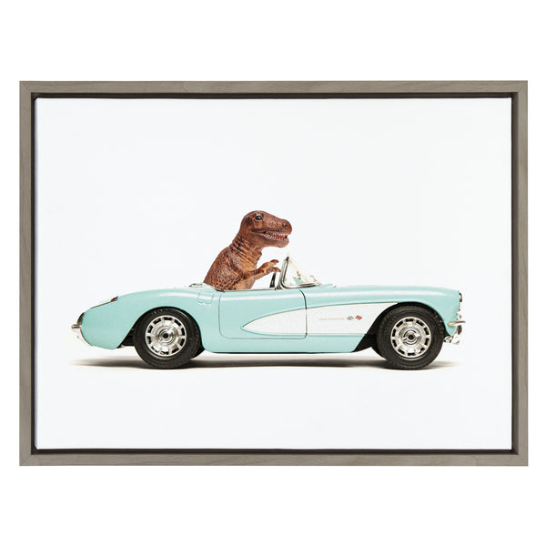 Kate & Laurel Sylvie T Rex Driving 1957 Aqua Chevy Framed Canvas By Saint And Sailor Studios