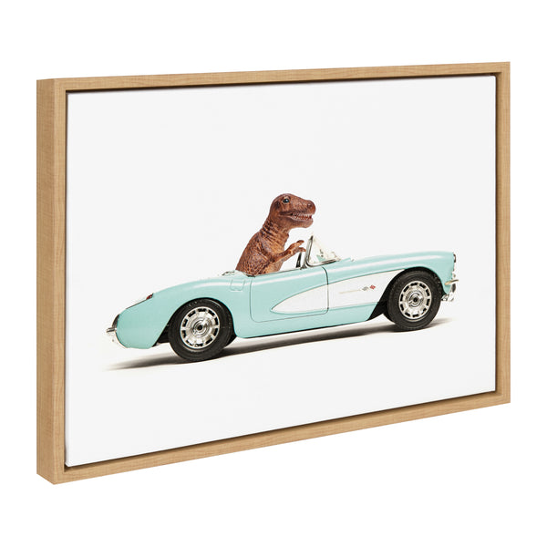 kate & laurel Sylvie T Rex Driving 1957 Aqua Chevy Framed Canvas by Saint and Sailor Studios