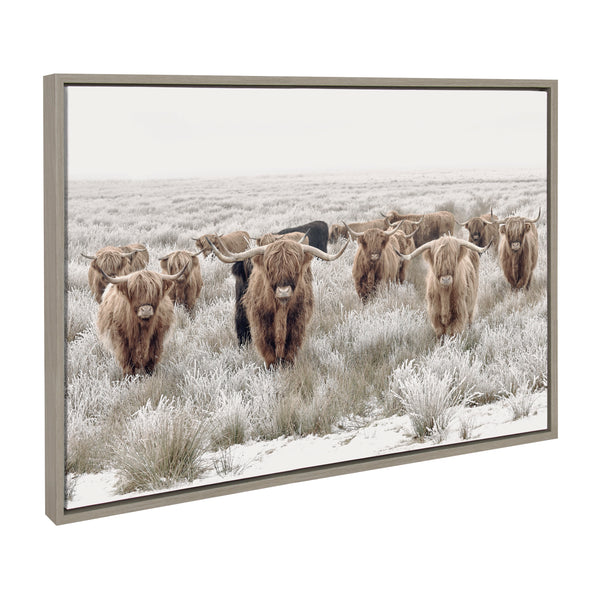 Kate & Laurel Sylvie Texas Longhorn Highland Cow Portrait Close Color And Herd Of Highland Cows Color Framed Canvas Art Set By The Creative Bunch Studio