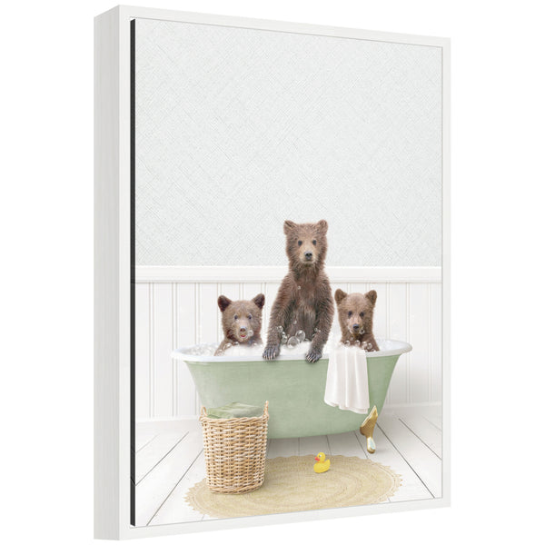 kate & laurel Sylvie Three Bear Cubs in Cottage Green Bath Framed Canvas by Amy Peterson