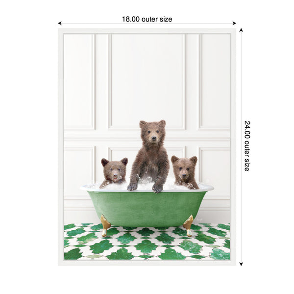 Kate & Laurel Sylvie Three Bear Cubs In Eclectic Green Panel Wall Bathtub Framed Canvas By Amy Peterson
