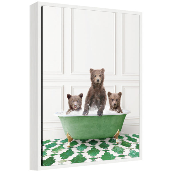 kate & laurel Sylvie Three Bear Cubs in Eclectic Green Panel Wall Bathtub Framed Canvas by Amy Peterson