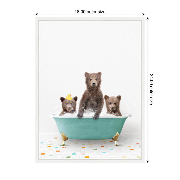 Kate & Laurel Sylvie Three Bear Cubs In Teal Bathtub On Colored Tile Framed Canvas By Amy Peterson