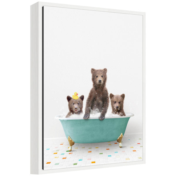 kate & laurel Sylvie Three Bear Cubs in Teal Bathtub on Colored Tile Framed Canvas by Amy Peterson