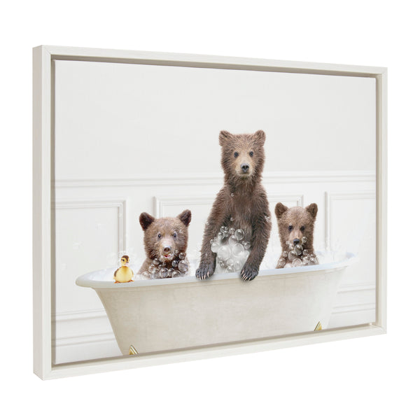kate & laurel Sylvie Three bears In Bubble Bath Neutral Style Framed Canvas by Amy Peterson Art Studio