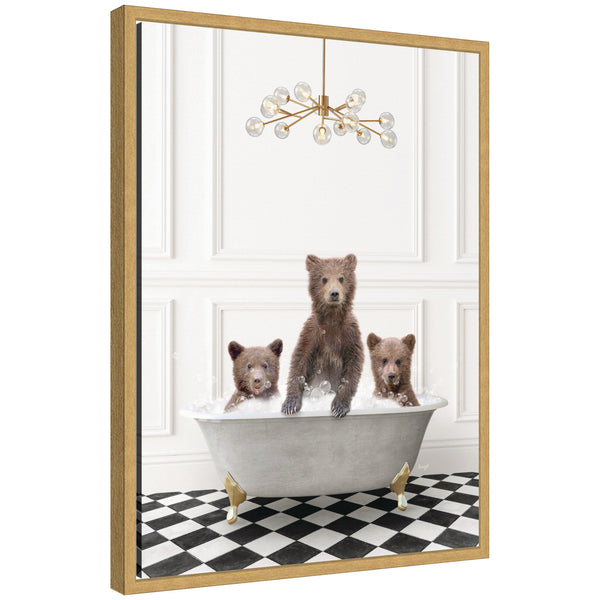 kate & laurel Sylvie Three Bears in Gray Bathtub on Checker Floor Framed Canvas by Amy Peterson