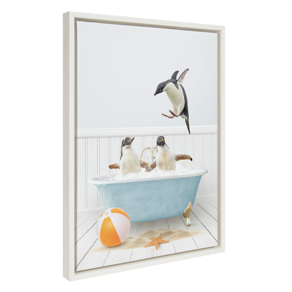 Kate & Laurel Sylvie Three Penguins Beach House Bath Framed Canvas By Amy Peterson